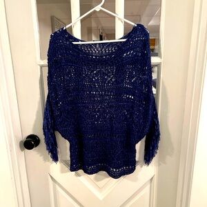 White House Black Market‎ Blue Woven Fringe Sweater Size XS NWOT